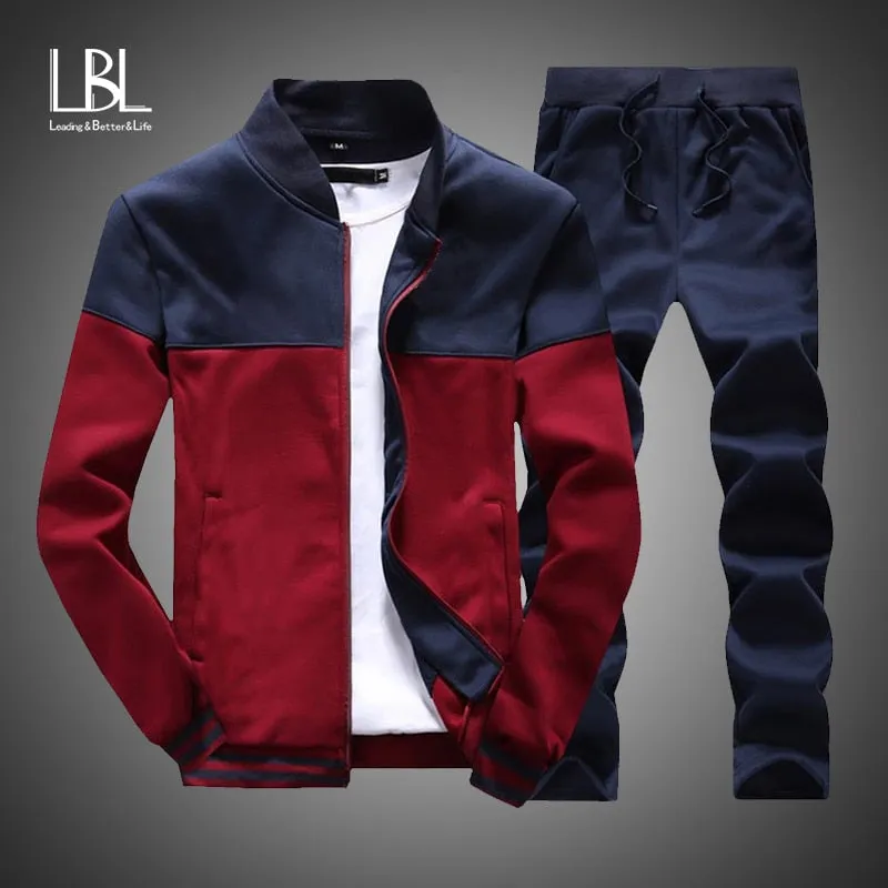 2020 New Men Sets Fashion Sporting Suit Brand Patchwork Zipper Sweatshirt  Sweatpants Mens Clothing 2 Pieces Sets Slim Tracksuit