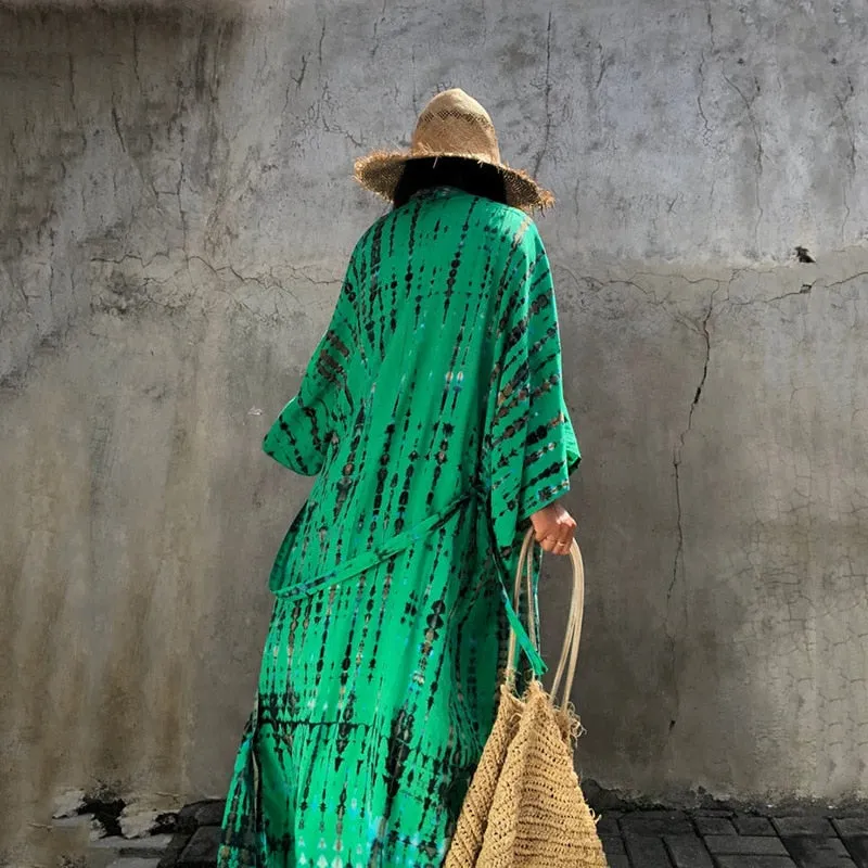 2021 New Boho Print Front Open Long Kimono Sexy Summer Beach Wear Cardigan Robe Tunic