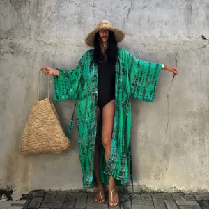 2021 New Boho Print Front Open Long Kimono Sexy Summer Beach Wear Cardigan Robe Tunic