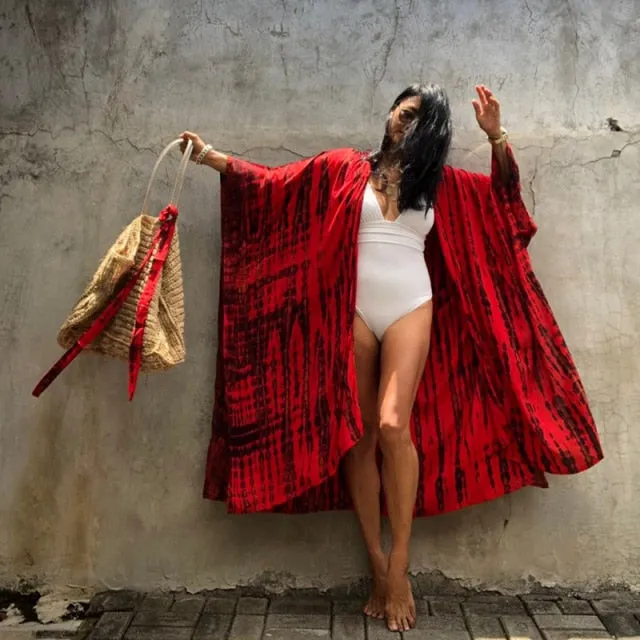 2021 New Boho Print Front Open Long Kimono Sexy Summer Beach Wear Cardigan Robe Tunic