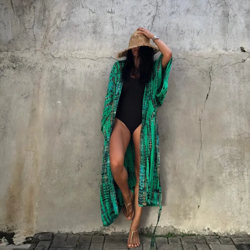 2021 New Boho Print Front Open Long Kimono Sexy Summer Beach Wear Cardigan Robe Tunic