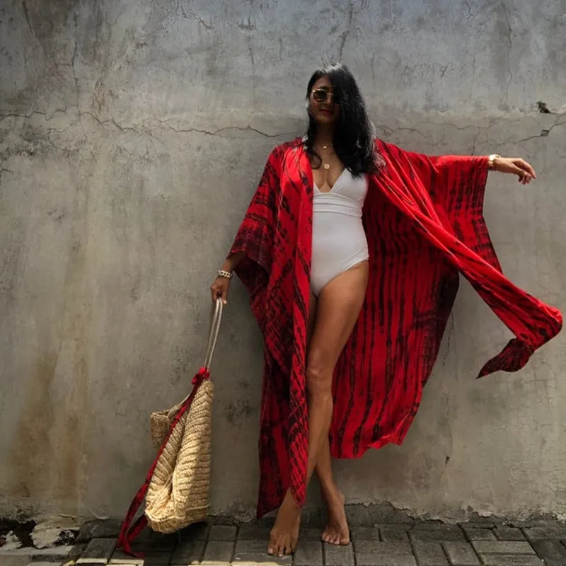 2021 New Boho Print Front Open Long Kimono Sexy Summer Beach Wear Cardigan Robe Tunic