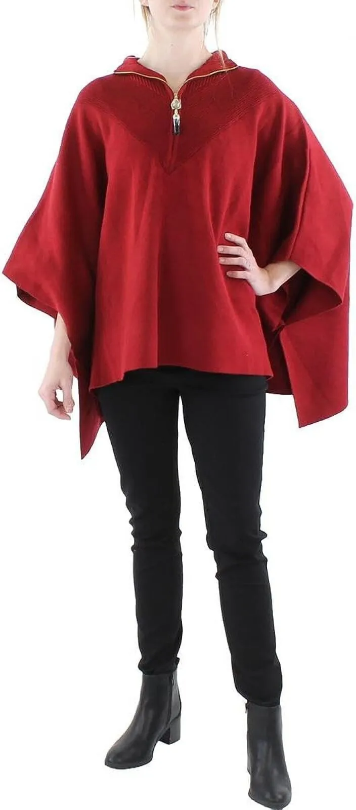 Anne Klein Womens Ribbed Trim Tunic Poncho Sweater 23000008 Titan Red L/XL