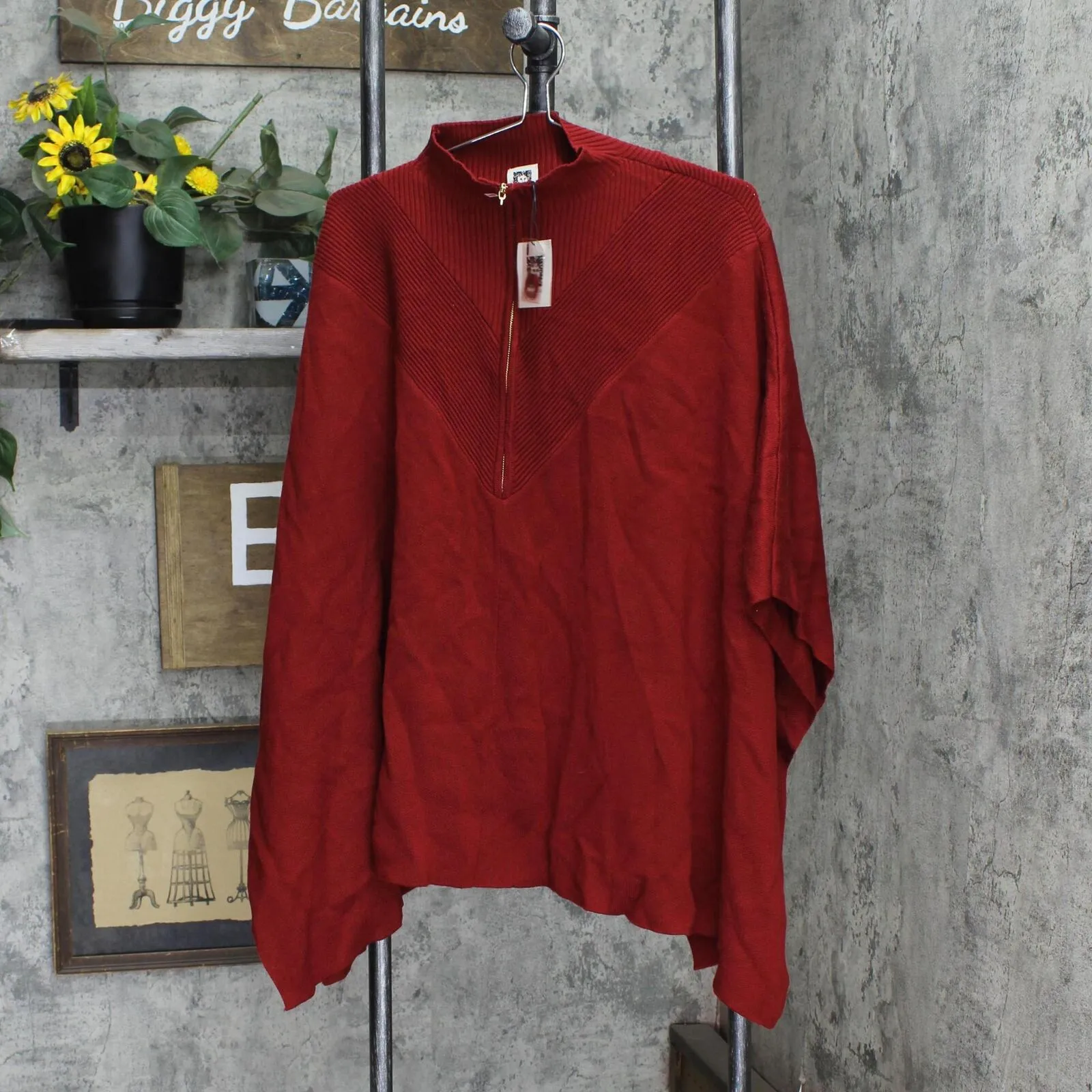 Anne Klein Womens Ribbed Trim Tunic Poncho Sweater 23000008 Titan Red L/XL