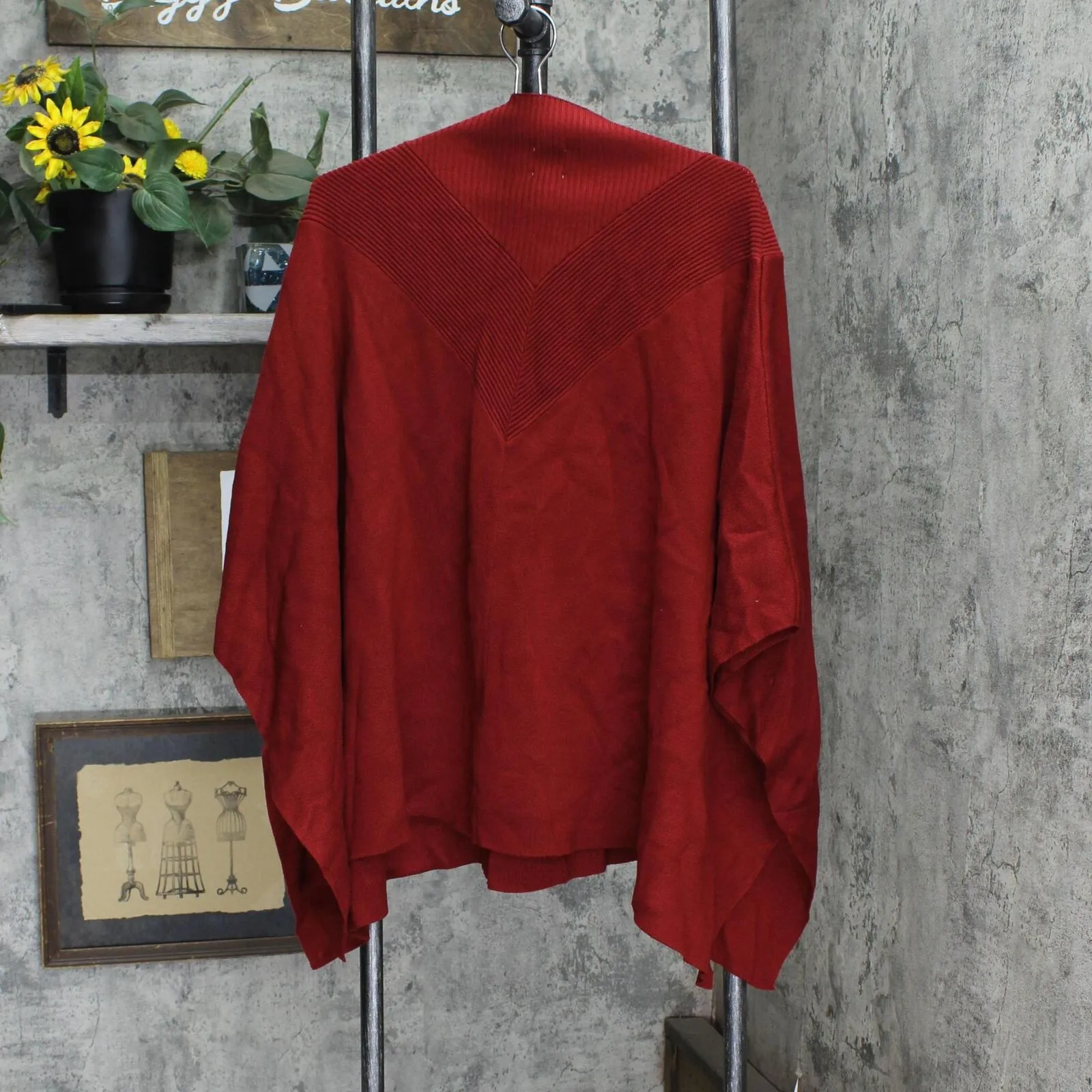 Anne Klein Womens Ribbed Trim Tunic Poncho Sweater 23000008 Titan Red L/XL