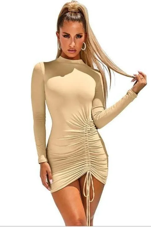 apricot round neck long sleeve slim dress
