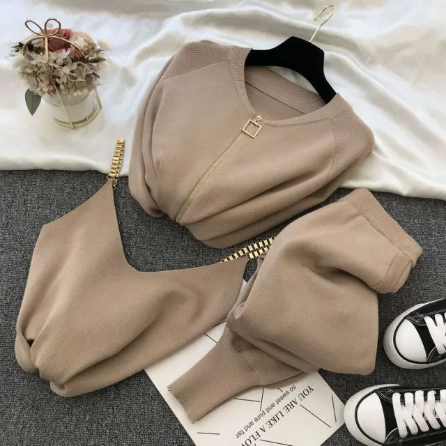 Autumn Knitted Women Sets Solid Sexy Vest Long Sleeve Zipper Cardigans Elastic Waist Pants 3pcs Sets Tracksuits Clothing Women