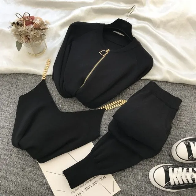 Autumn Knitted Women Sets Solid Sexy Vest Long Sleeve Zipper Cardigans Elastic Waist Pants 3pcs Sets Tracksuits Clothing Women