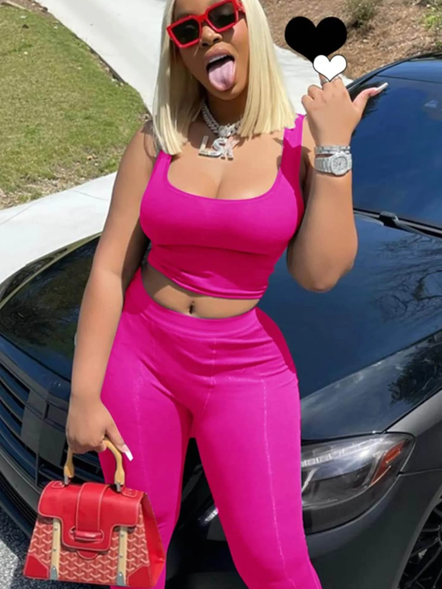 AYWA Casual Workout Sets Two Piece Outfits for Women Ribbed Crop Tank Top High Waist Leggings Active Wear (Fuchsia, Medium)