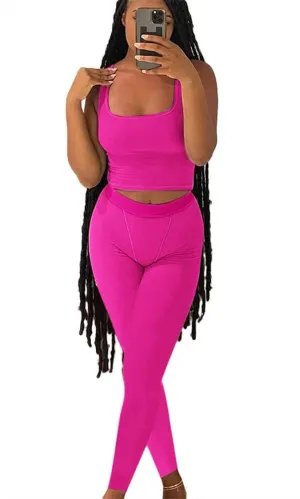 AYWA Casual Workout Sets Two Piece Outfits for Women Ribbed Crop Tank Top High Waist Leggings Active Wear (Fuchsia, Medium)