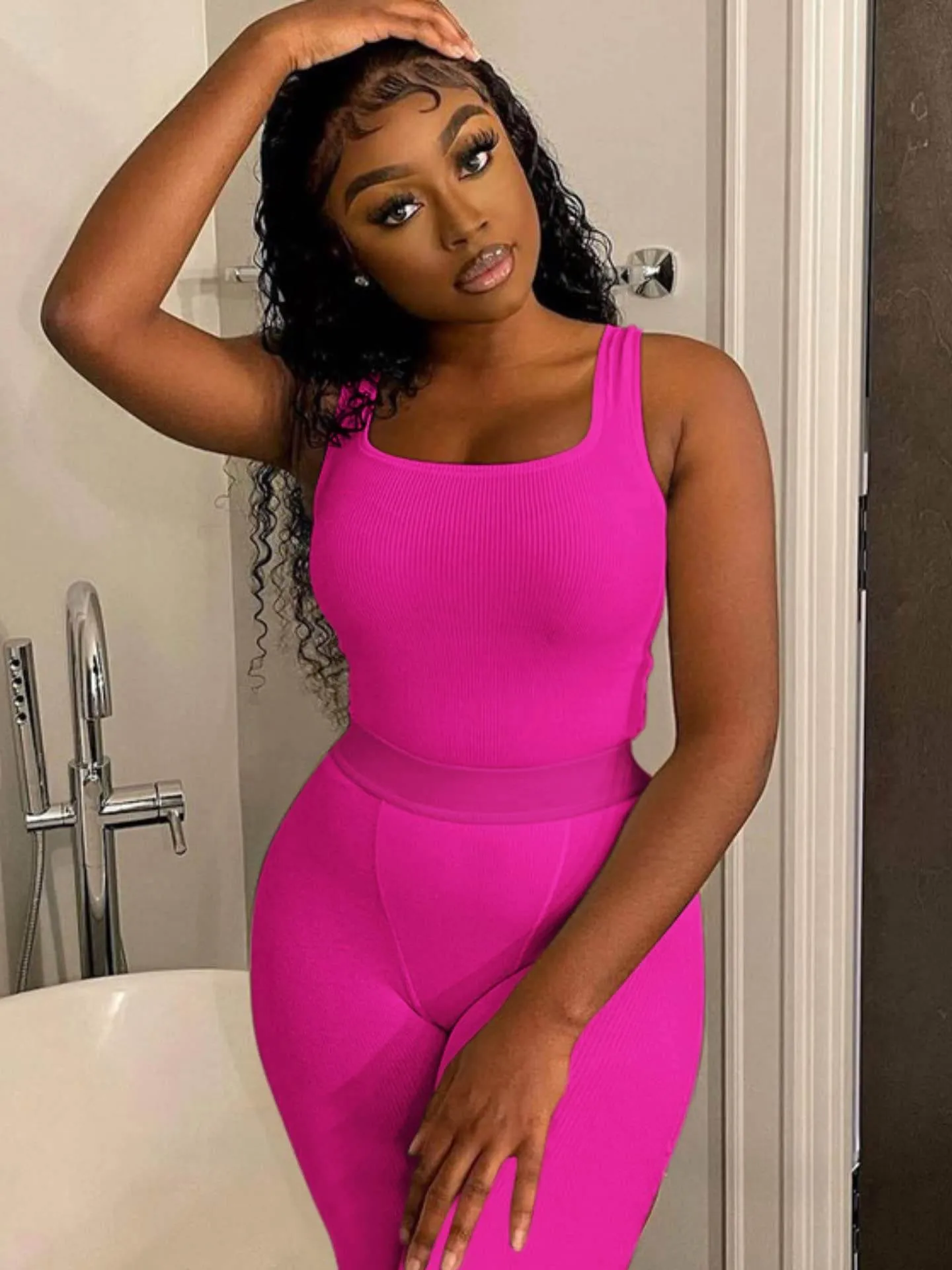 AYWA Casual Workout Sets Two Piece Outfits for Women Ribbed Crop Tank Top High Waist Leggings Active Wear (Fuchsia, Medium)