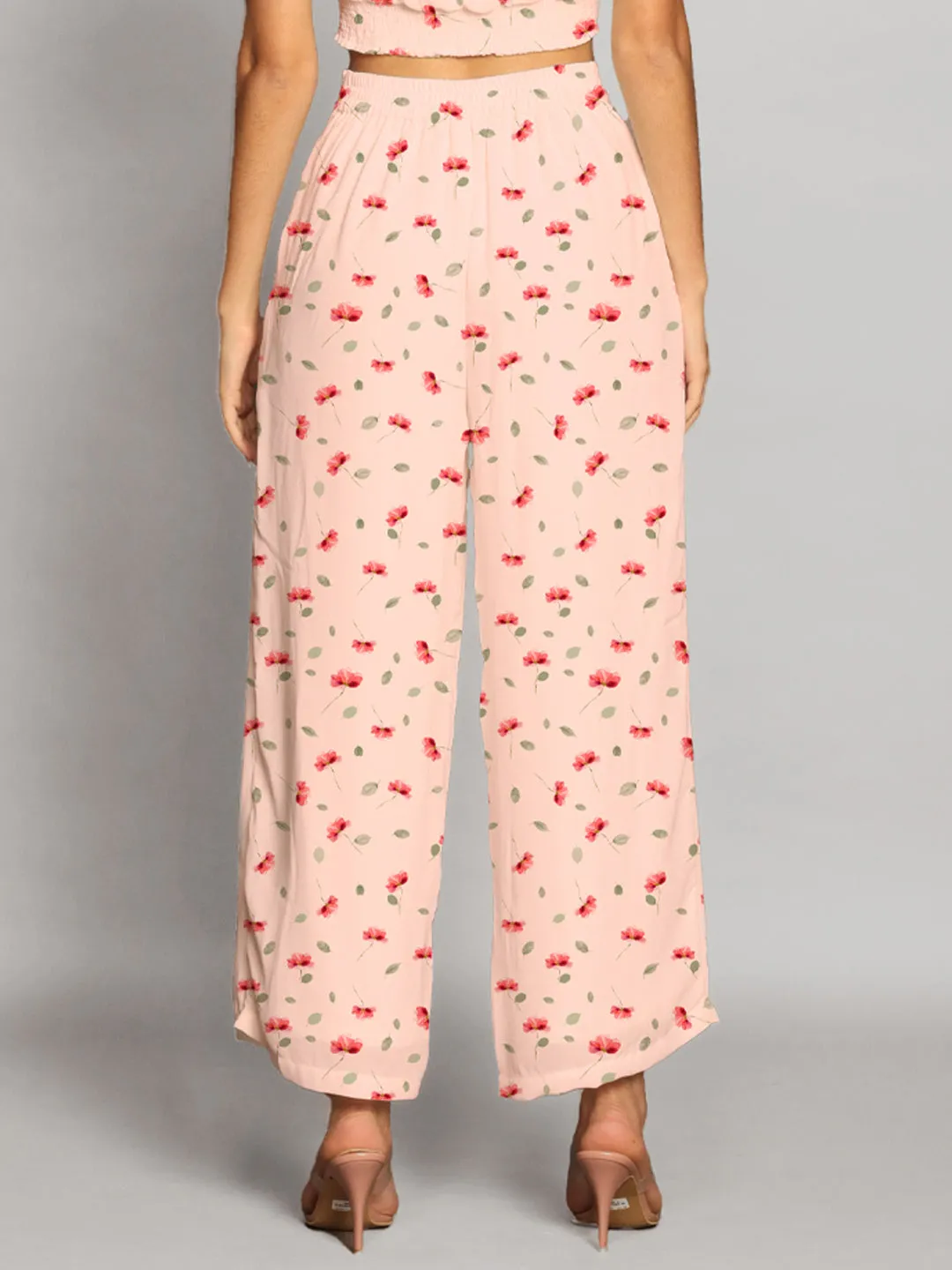 Baby Pink Floral Print Straight Palazzo