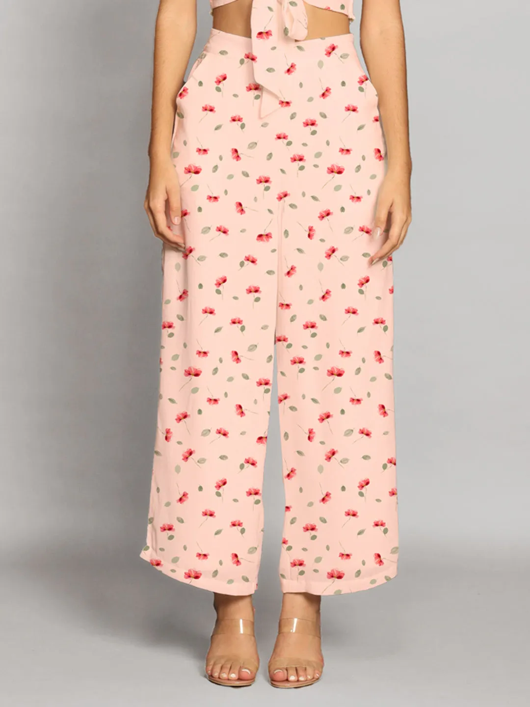 Baby Pink Floral Print Straight Palazzo
