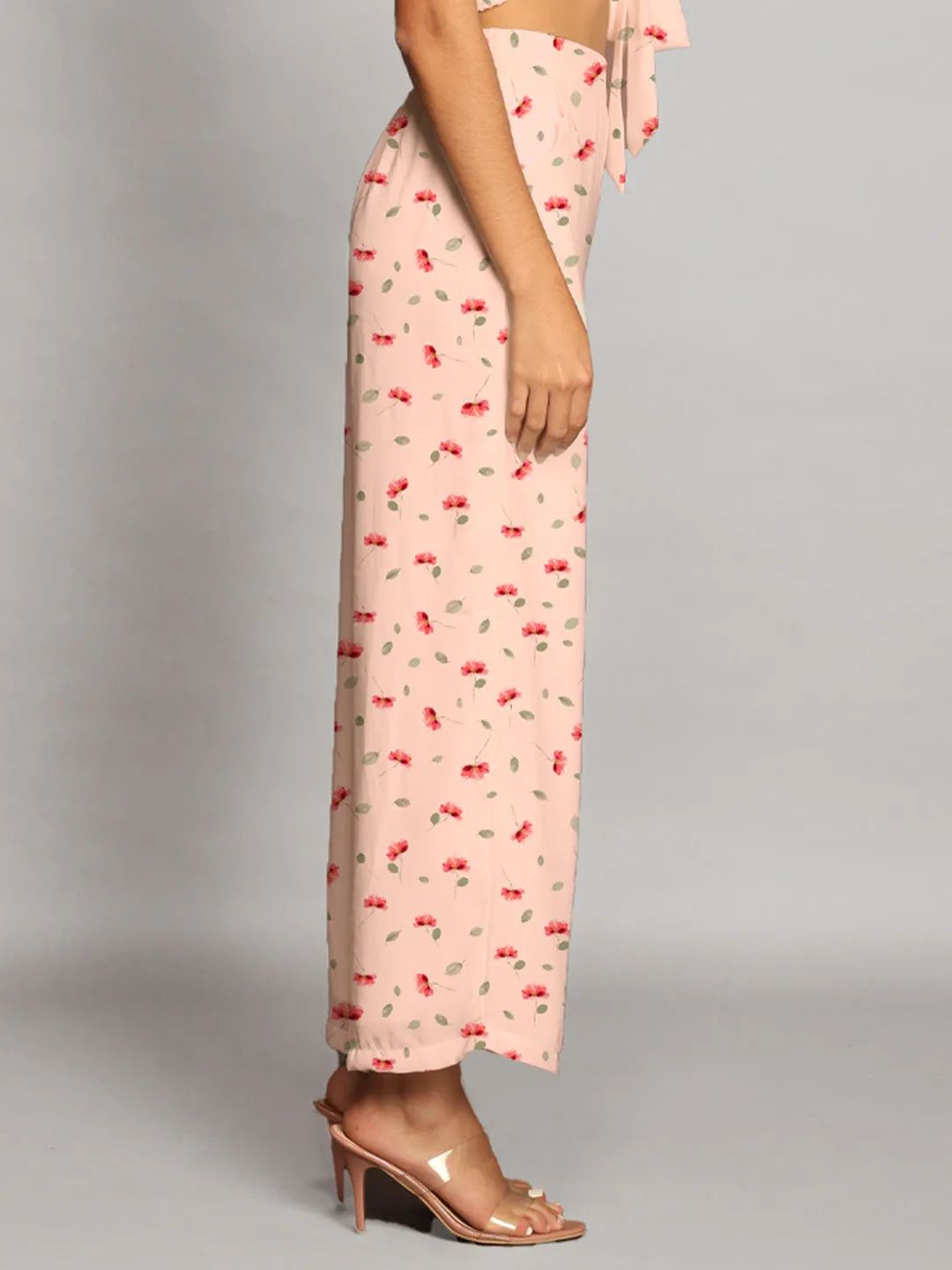 Baby Pink Floral Print Straight Palazzo