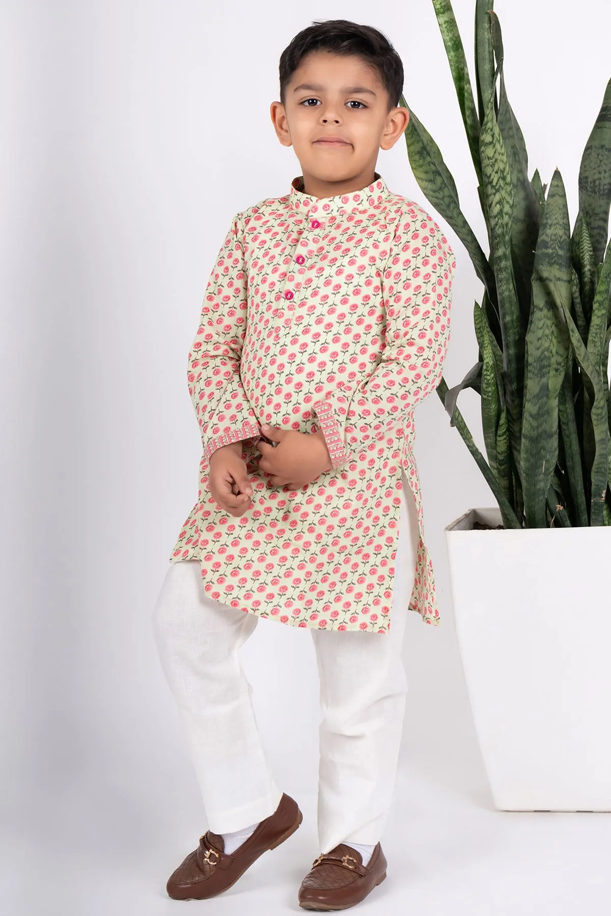 Beige Cotton Print Kurta Set