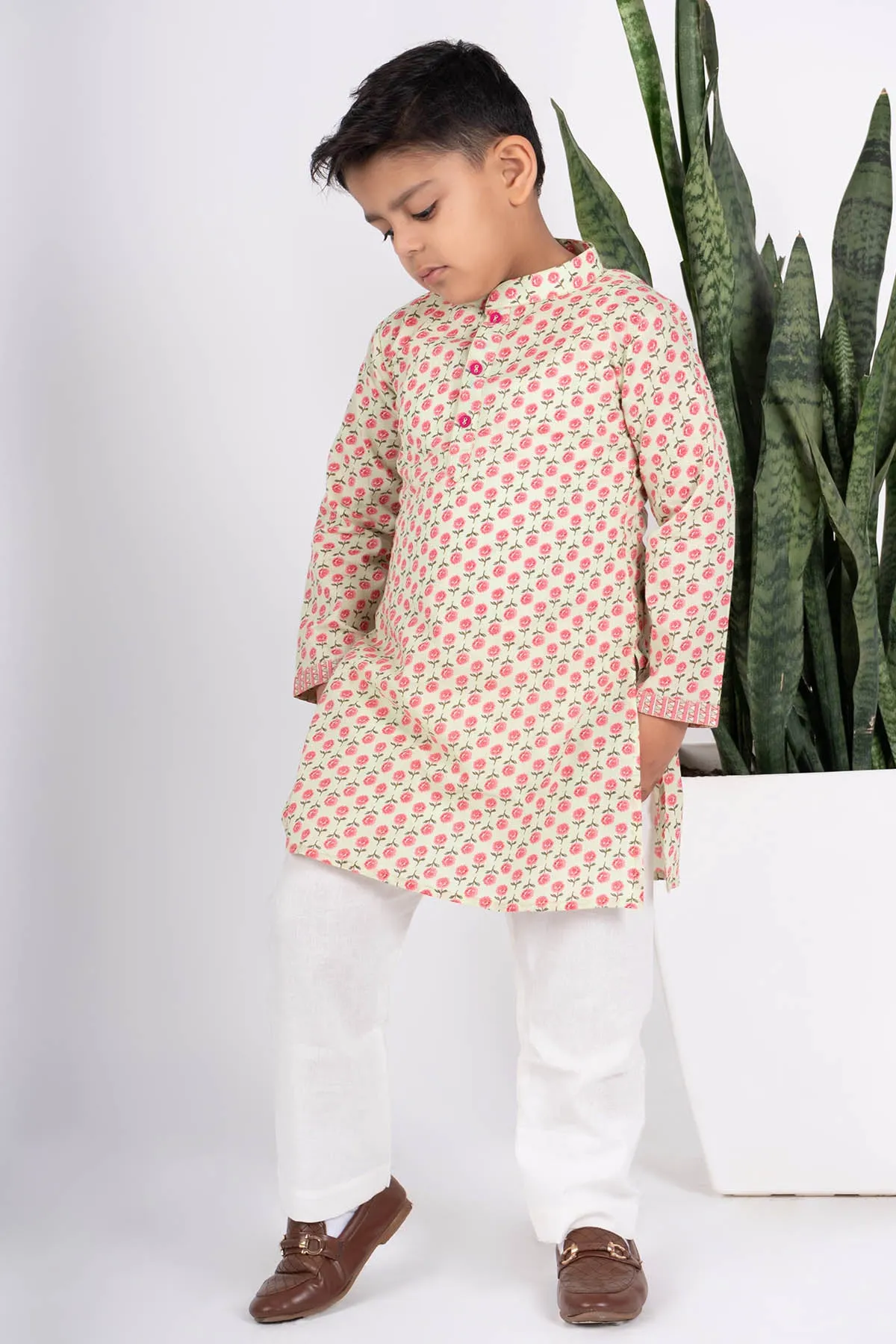 Beige Cotton Print Kurta Set