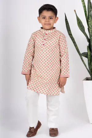 Beige Cotton Print Kurta Set