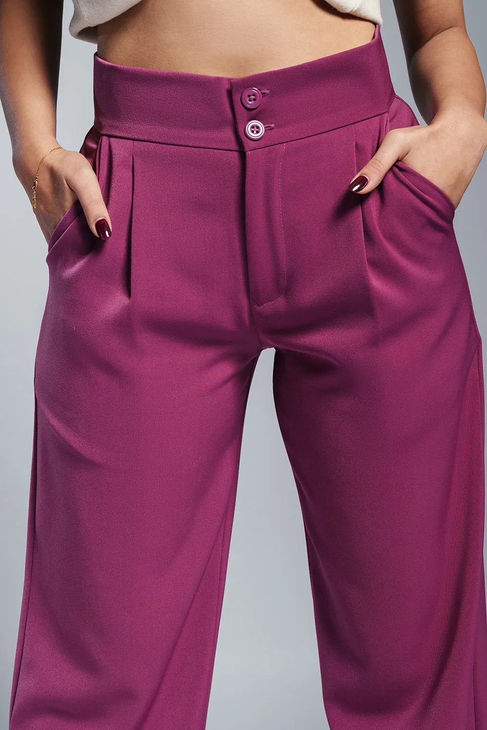 Berry Bliss Pleated Double Button Korean Pants