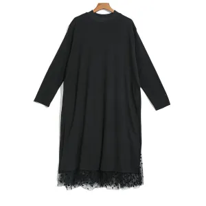 Black Mesh Dot Split Joint Loose Fit Dress Round Collar Long Sleeve Loose Fit Fashion