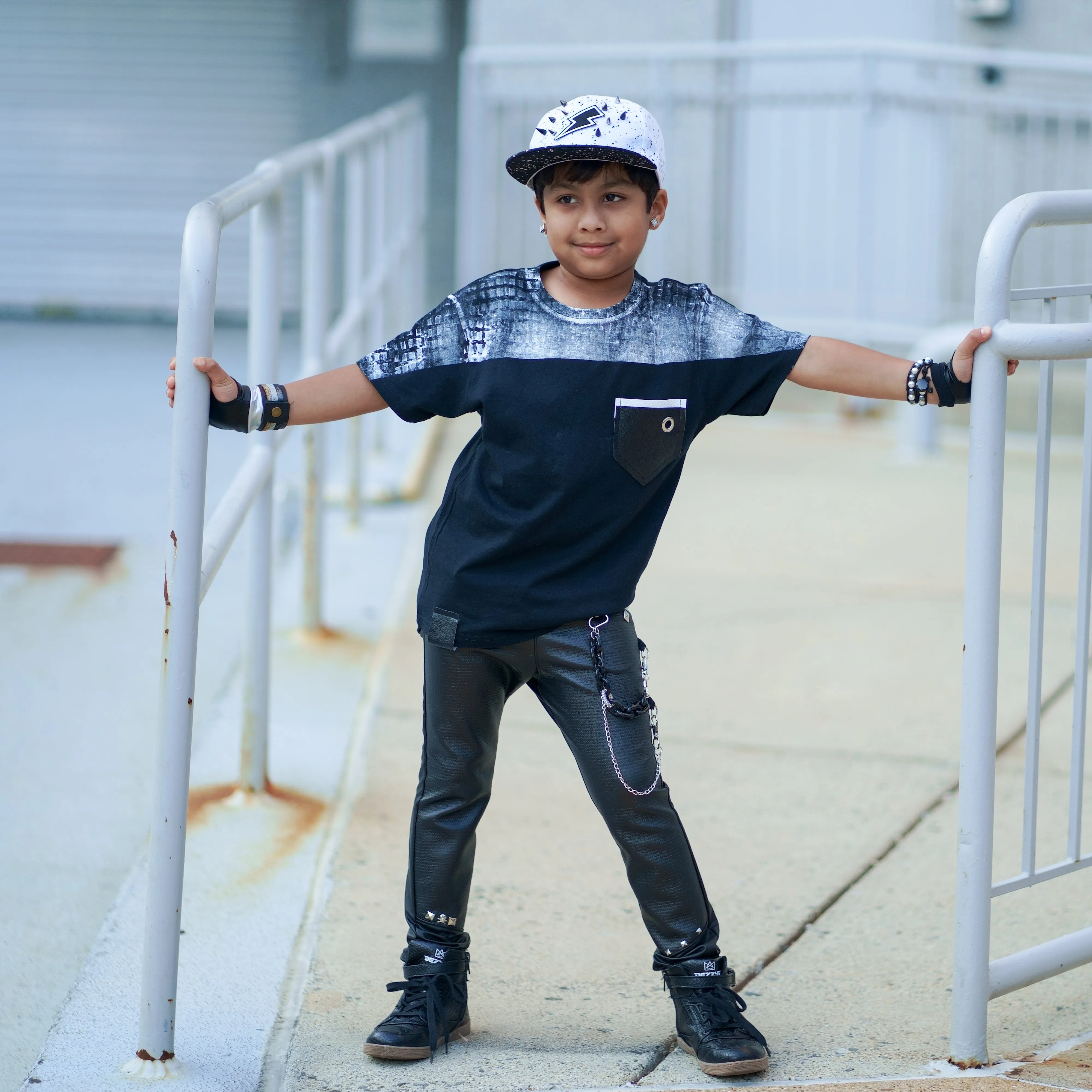 Black Pleather Classic Skinny Pants in vegan leather for boys girls Silver Gold Trim