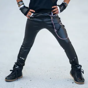 Black Pleather Classic Skinny Pants in vegan leather for boys girls Silver Gold Trim