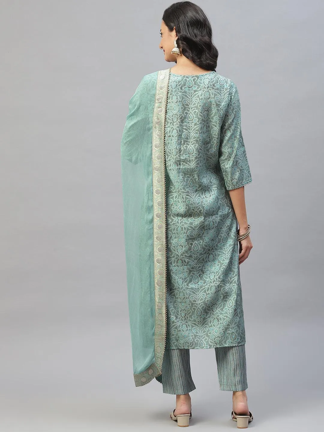 Blue Hand Work Bandhani Printed Muslin Kurta Pant Set With Dupatta