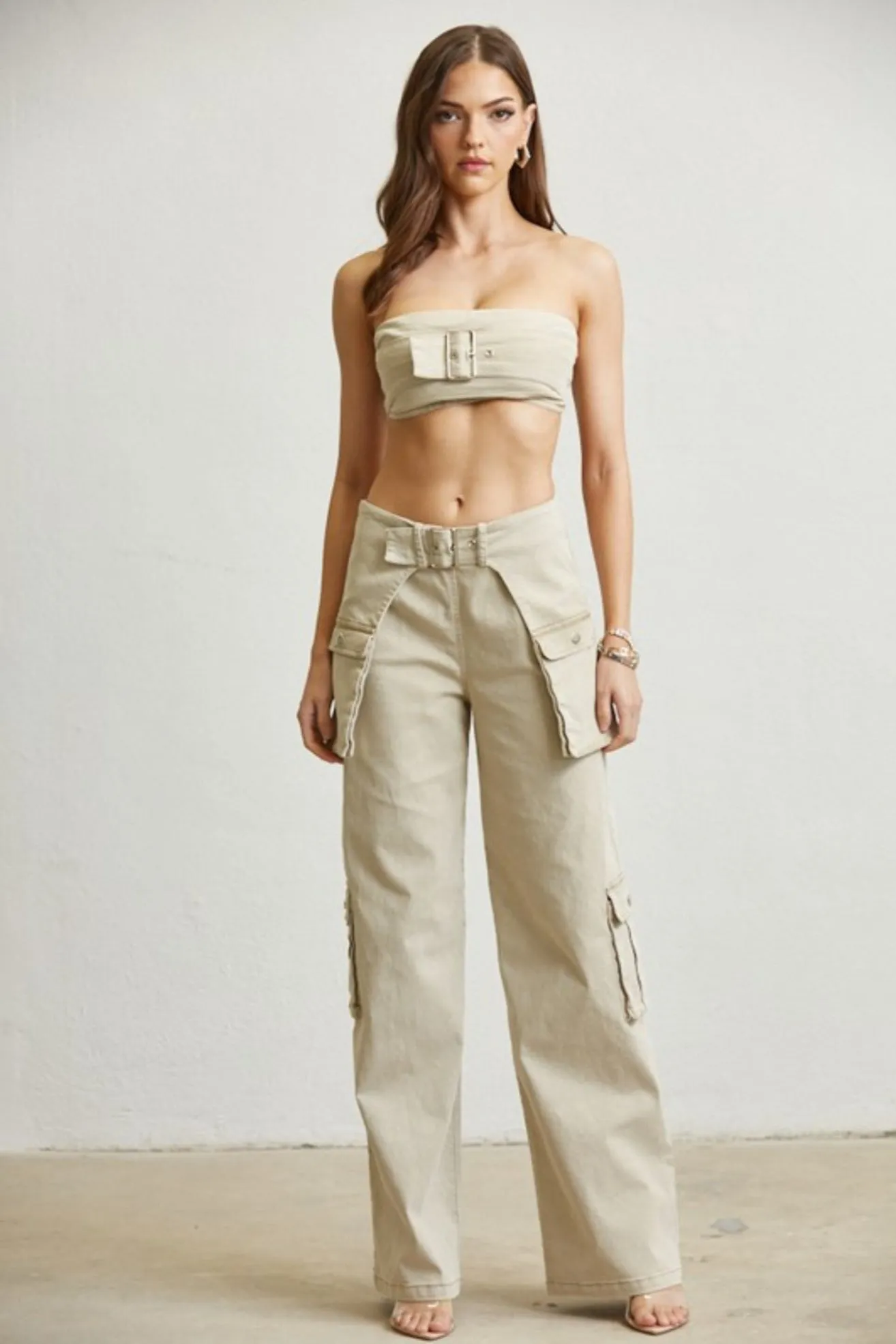 Buckle Motif Denim Cargo Beige Pants Set