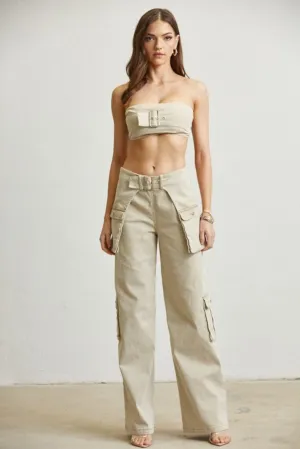 Buckle Motif Denim Cargo Beige Pants Set