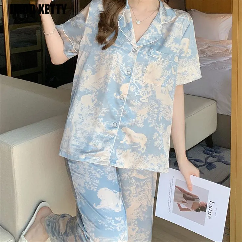 Casual Loose Top  Pajamas Set Short Sleeve Pajama Top & Pant for Women