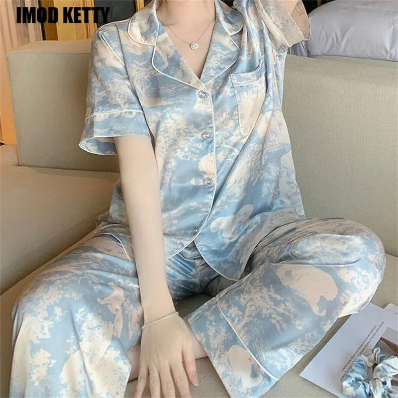Casual Loose Top  Pajamas Set Short Sleeve Pajama Top & Pant for Women