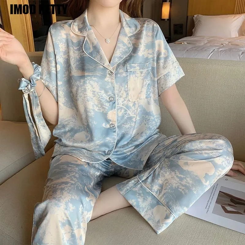 Casual Loose Top  Pajamas Set Short Sleeve Pajama Top & Pant for Women