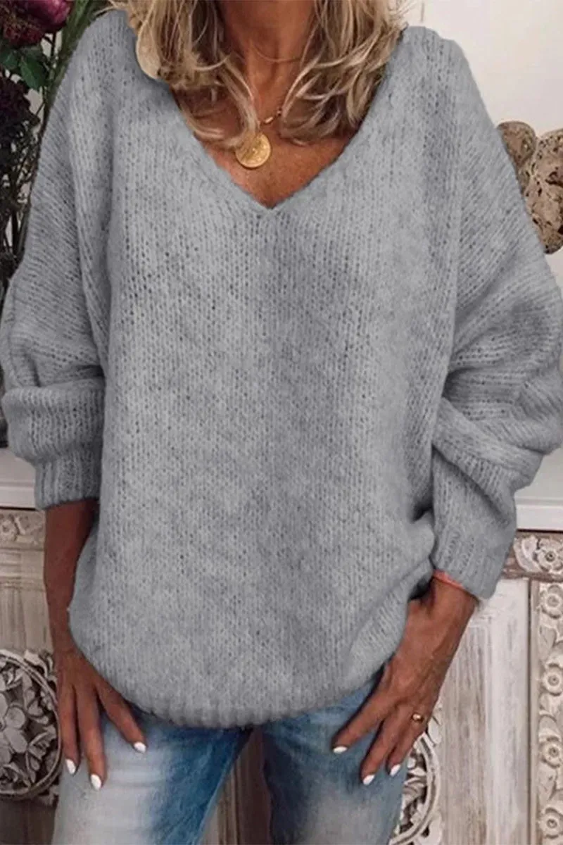 Casual Solid Color V Neck Sweasters