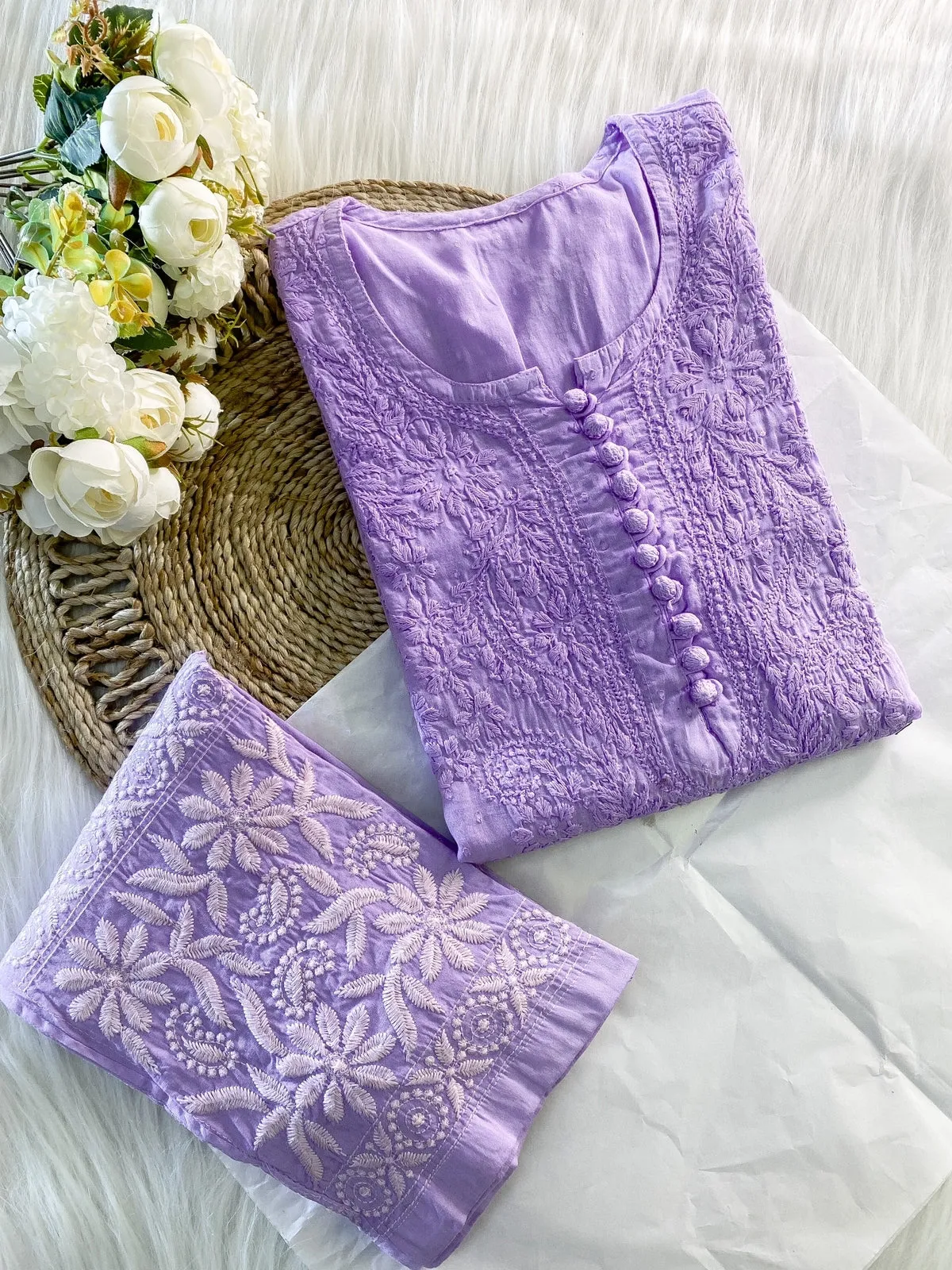 Chikankari cotton Kurti With Pant in Pastel Purple