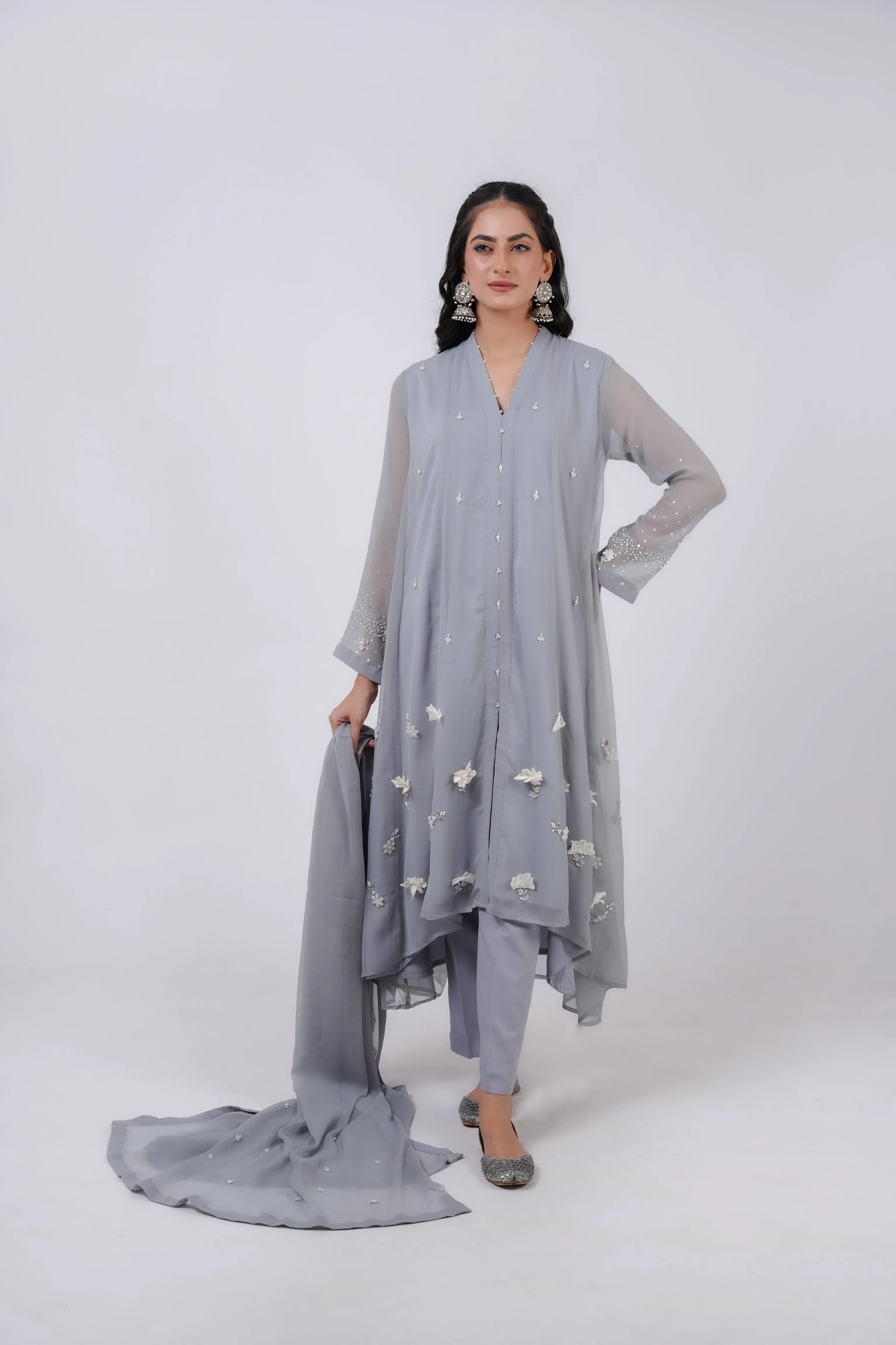 Classic Ash gre Embroidered stitched 3-piece