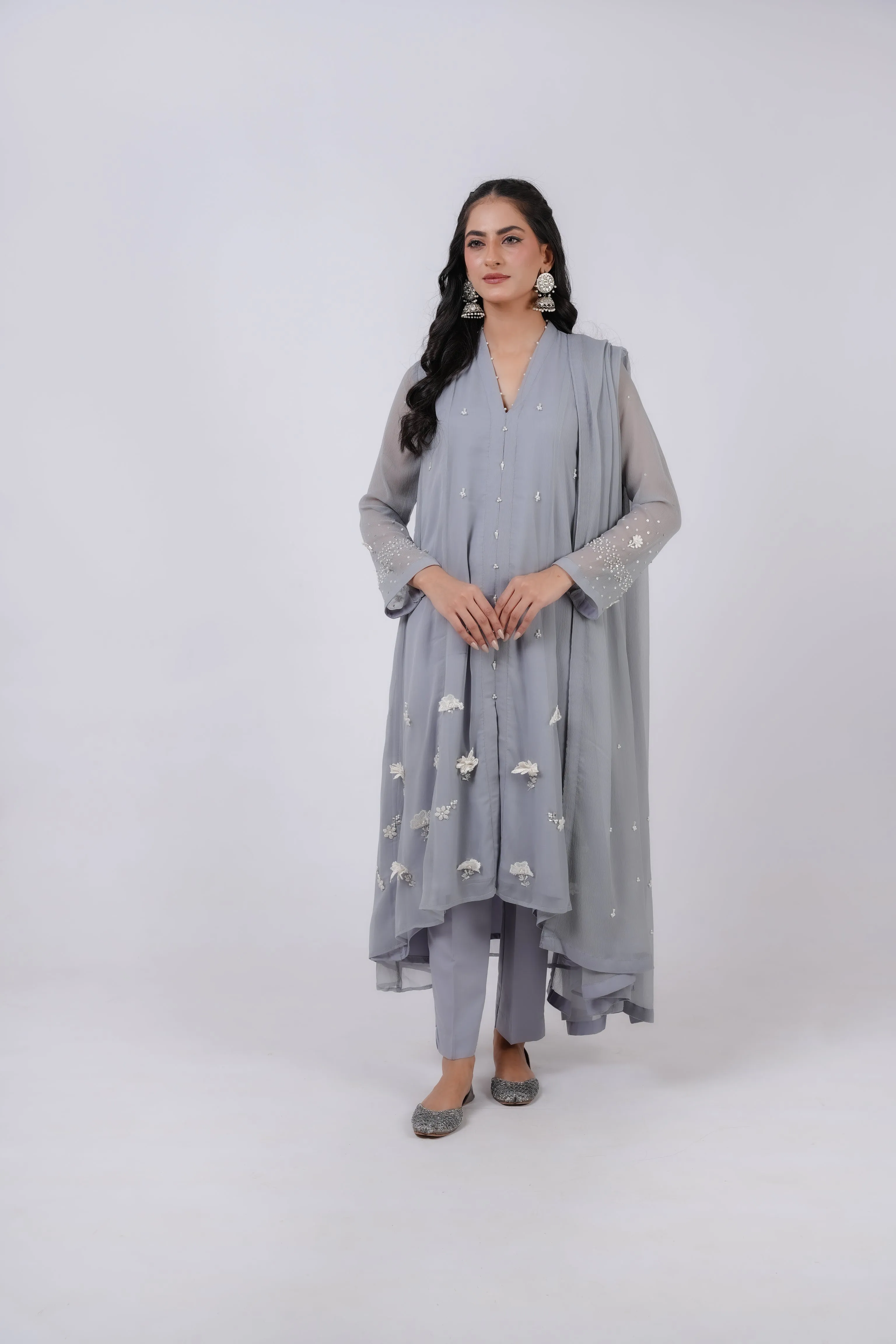 Classic Ash gre Embroidered stitched 3-piece