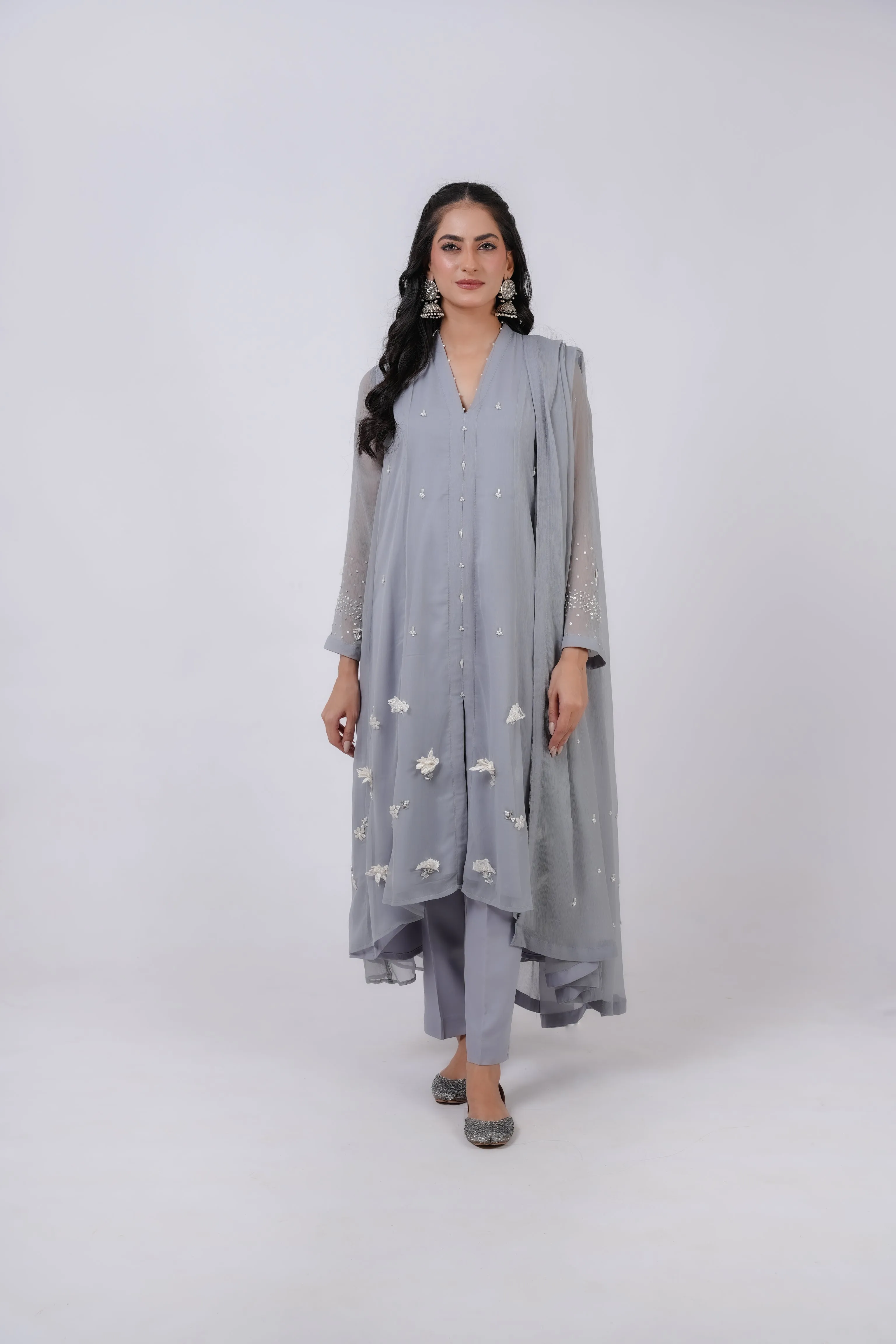 Classic Ash gre Embroidered stitched 3-piece