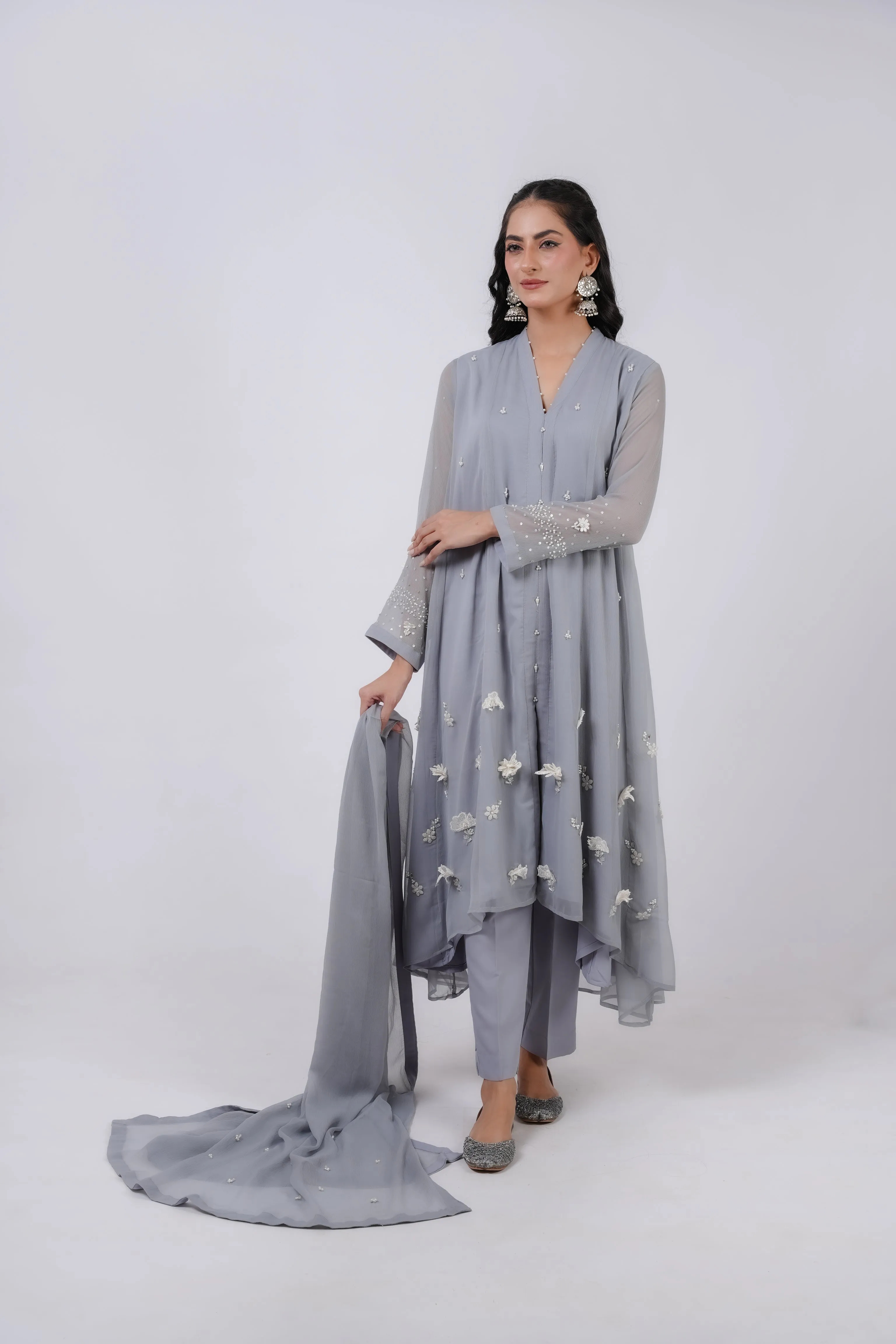 Classic Ash gre Embroidered stitched 3-piece
