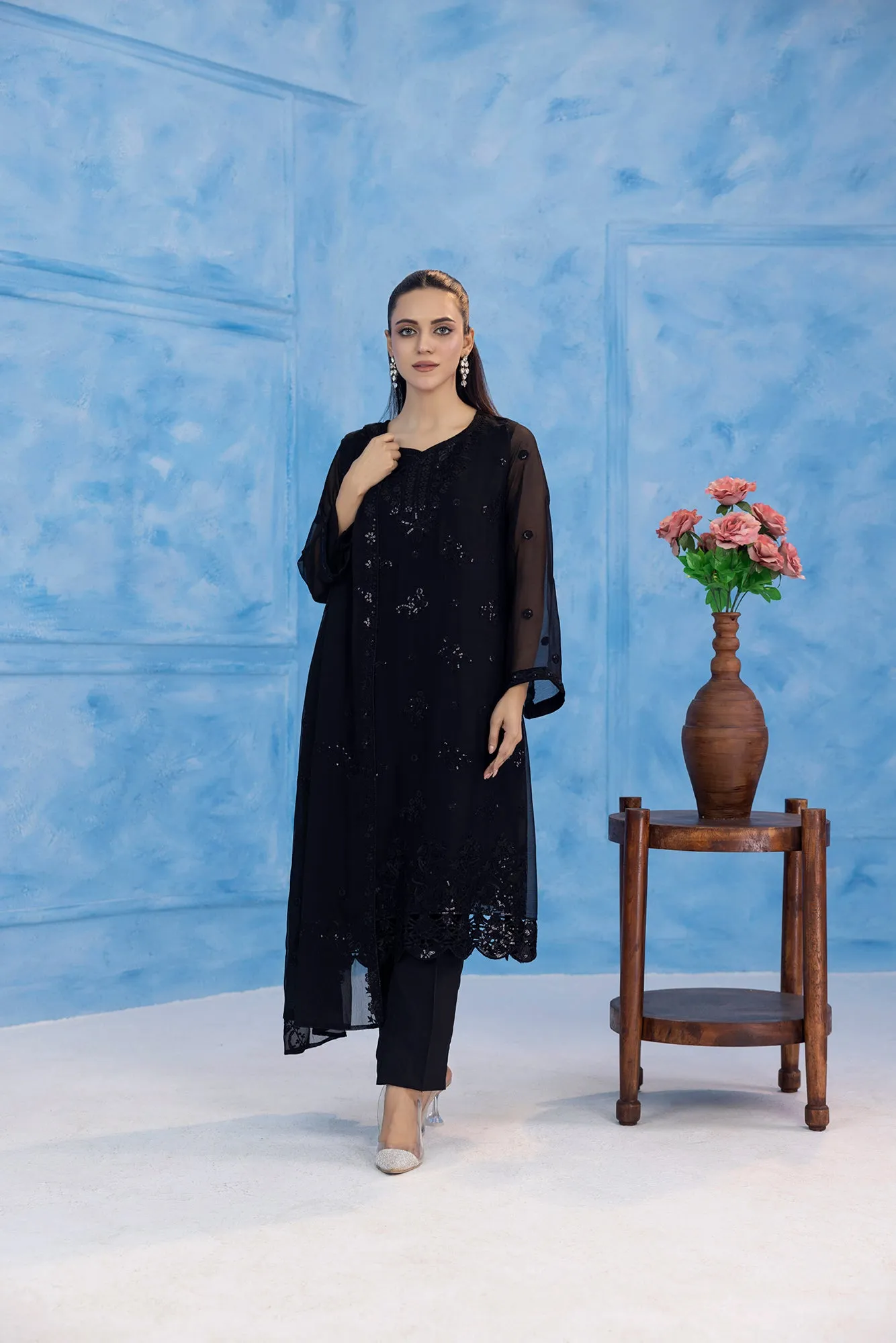 Classic Black Embroidered stitched 3-piece