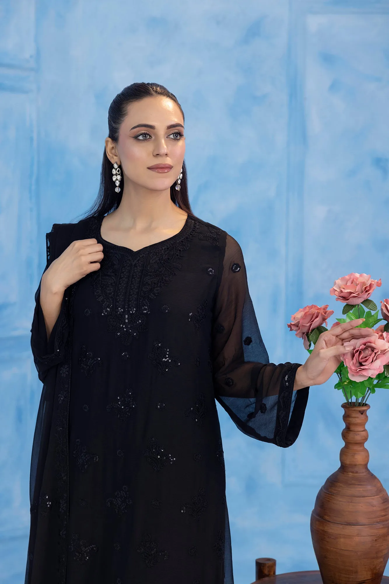Classic Black Embroidered stitched 3-piece