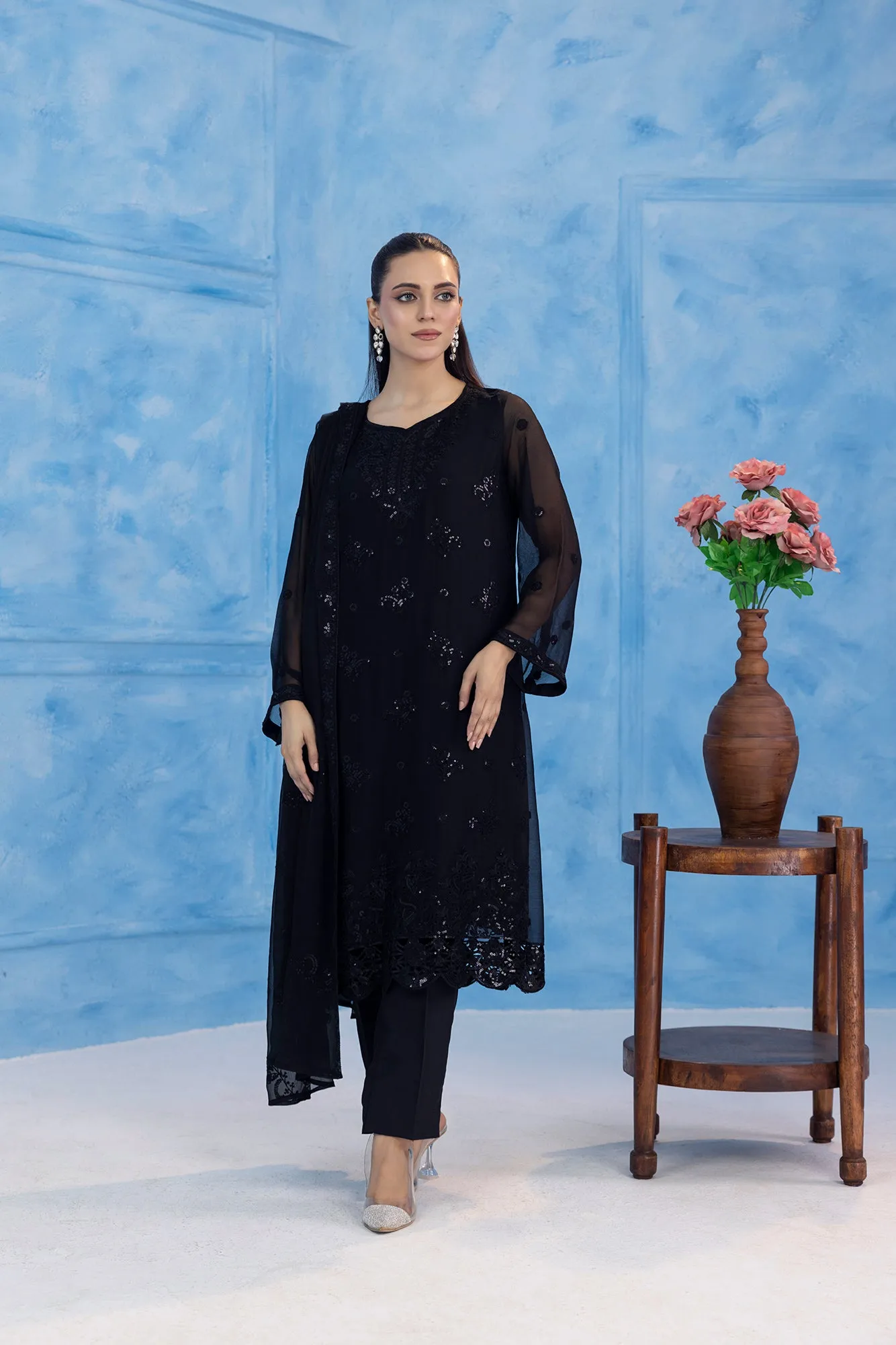 Classic Black Embroidered stitched 3-piece