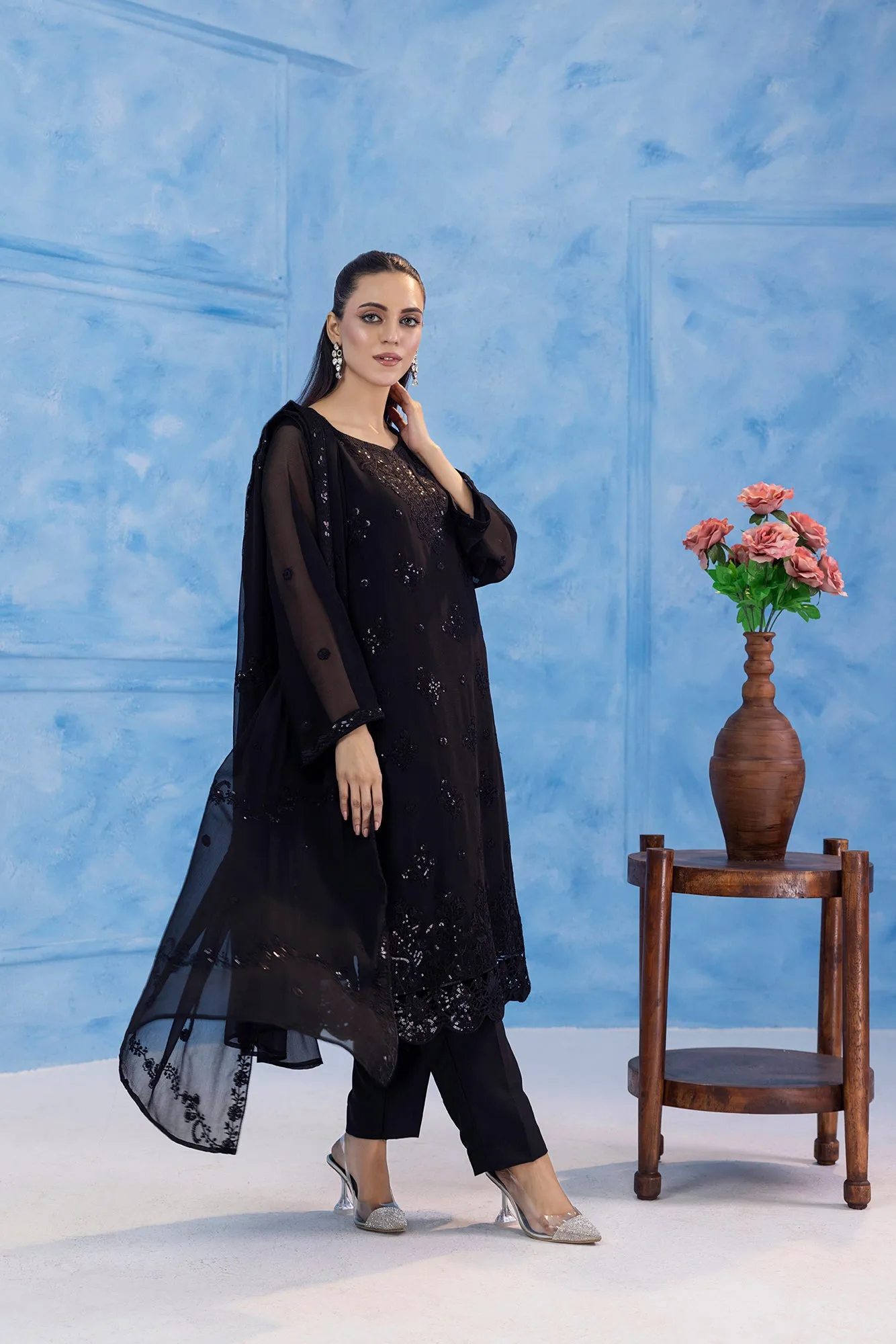 Classic Black Embroidered stitched 3-piece