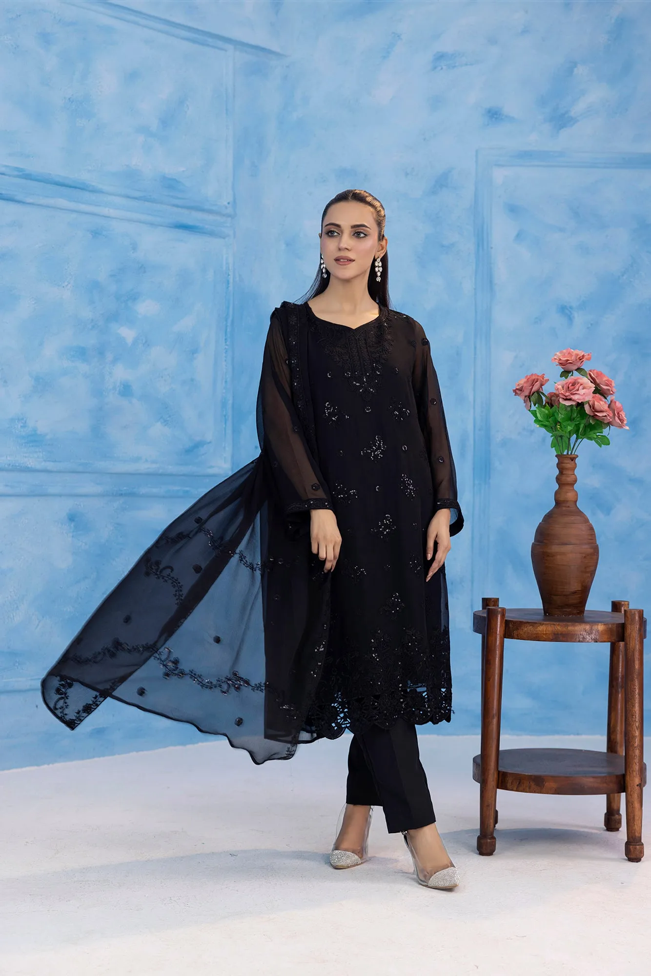 Classic Black Embroidered stitched 3-piece