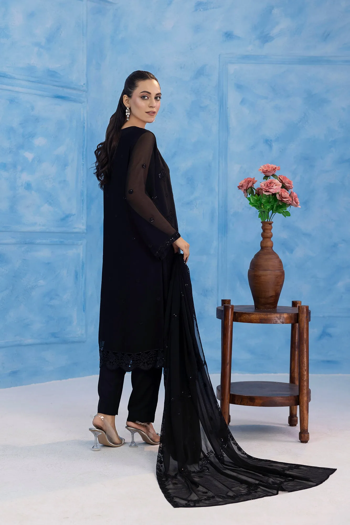 Classic Black Embroidered stitched 3-piece