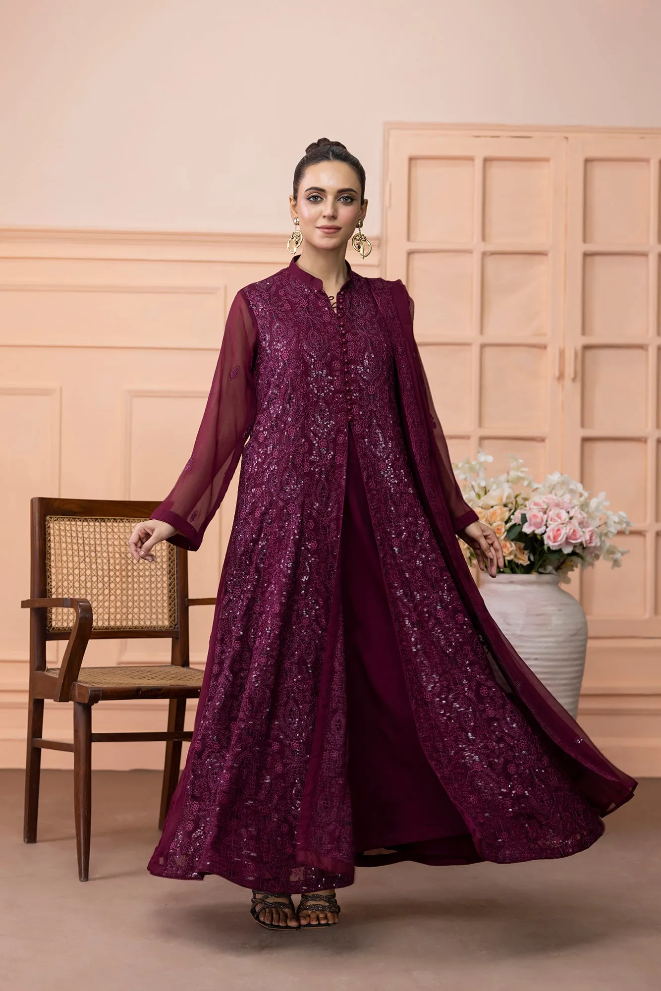 Classic Maroon Embroidered stitched 3-piece