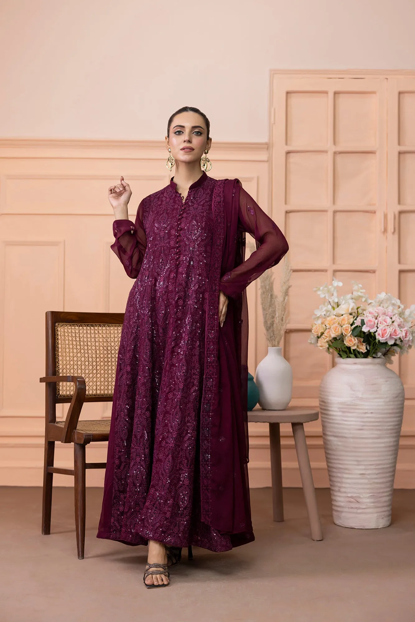Classic Maroon Embroidered stitched 3-piece