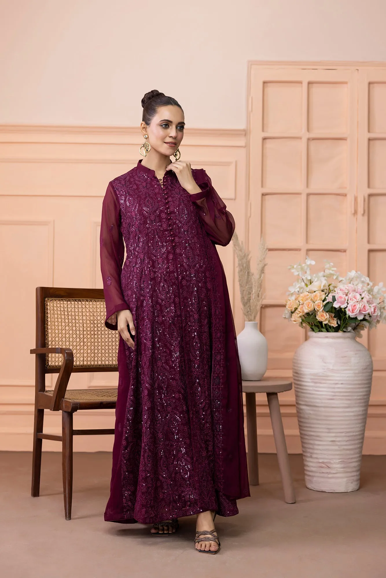 Classic Maroon Embroidered stitched 3-piece