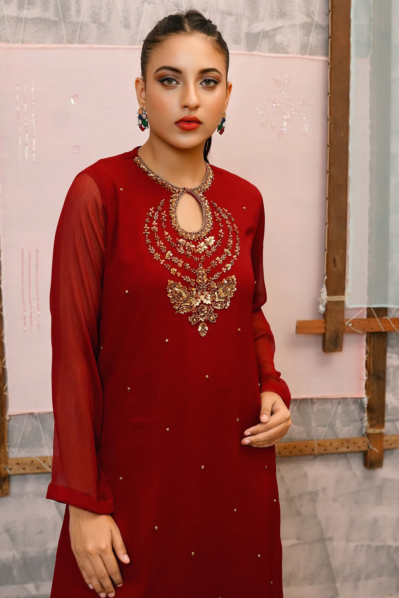 Classic Maroon Embroidered stitched 3-piece