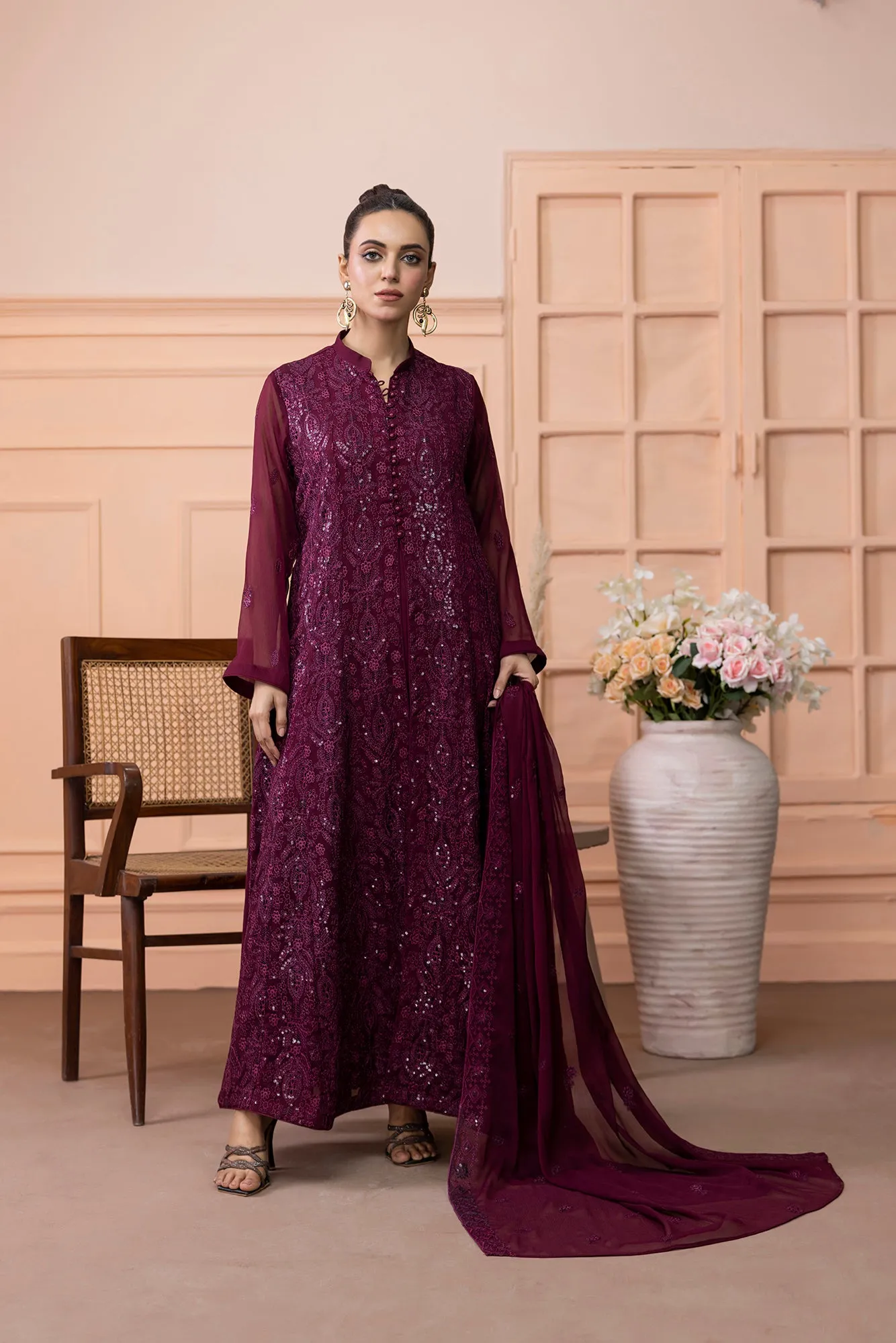 Classic Maroon Embroidered stitched 3-piece