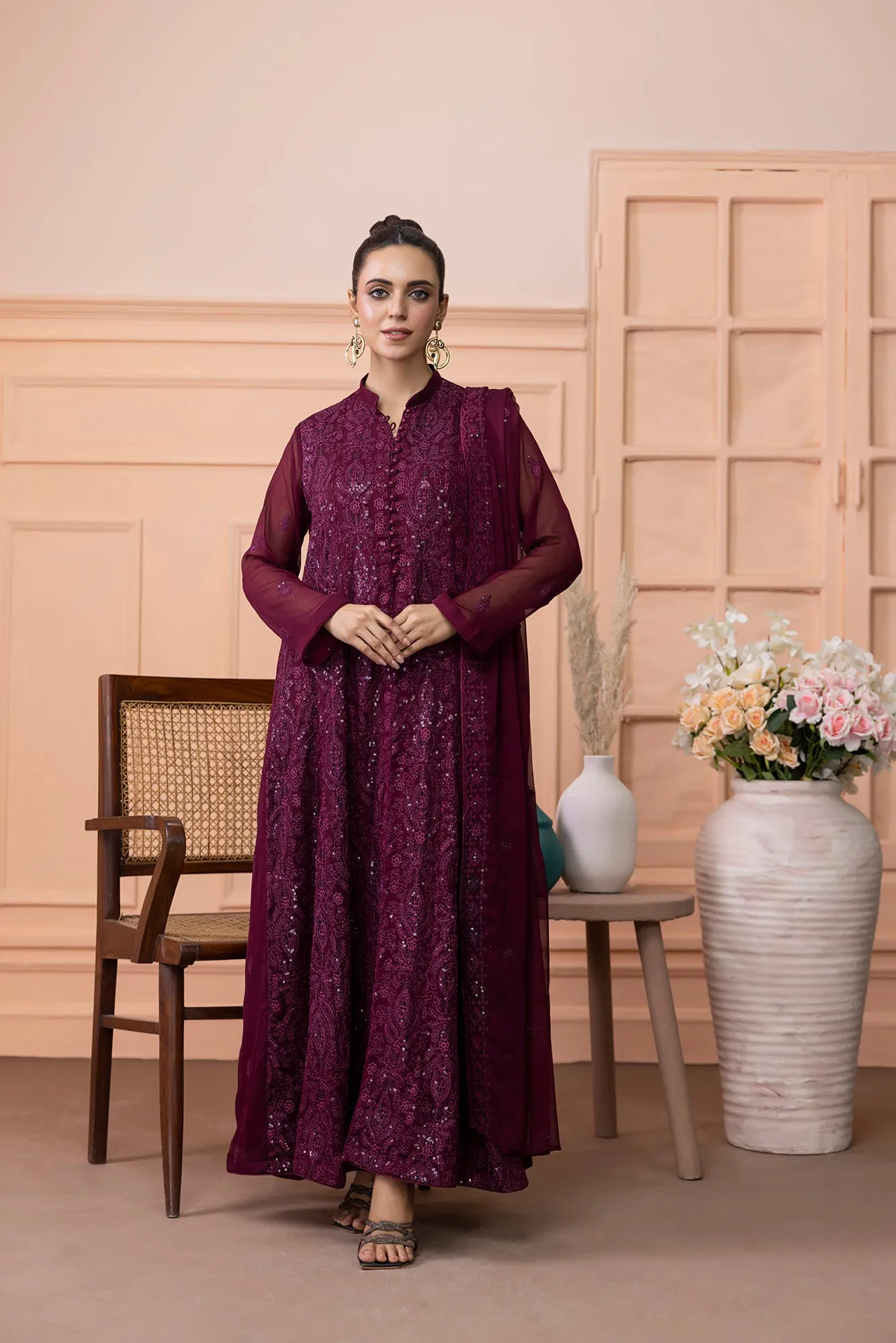 Classic Maroon Embroidered stitched 3-piece