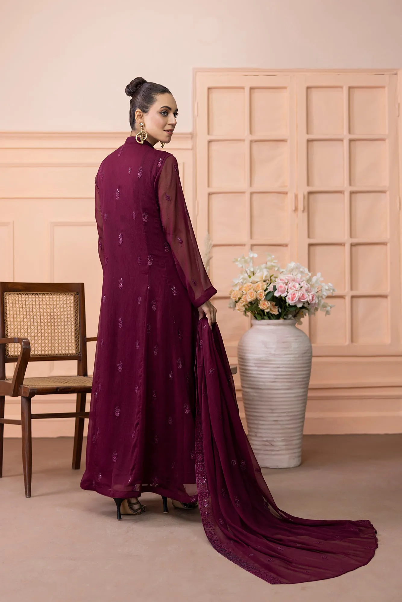 Classic Maroon Embroidered stitched 3-piece